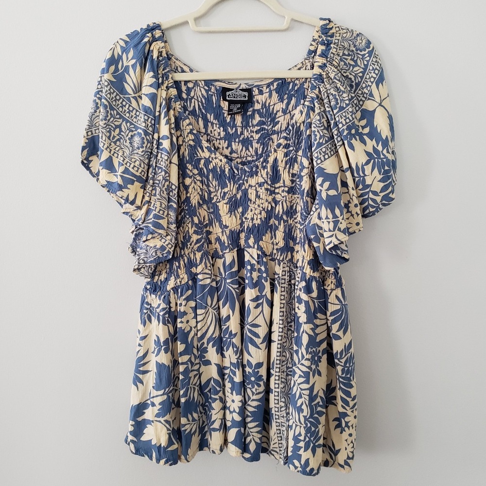 Angie Flowy Peasant Top SIZE 2X Boho Cottagecore Country Empire V-Neck Smocked